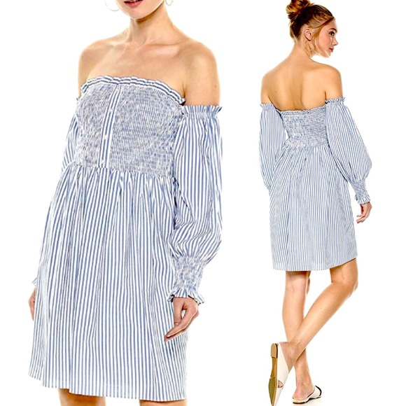 Dresses & Skirts - Striped Button Accent Off Shoulder Casual Dress
